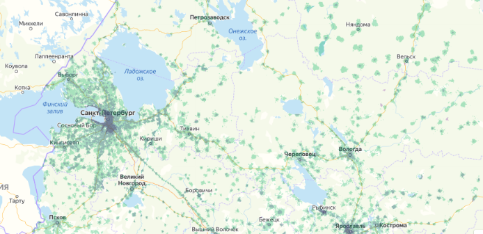 Зона покрытия МТС на карте Озеры 